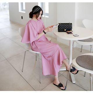 Flutter Elbow-sleeve Ruffle-hem Buttoned Long Dress