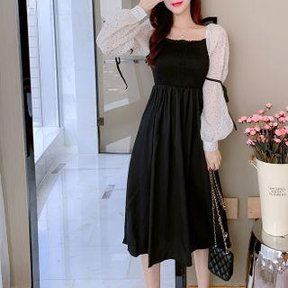Long-sleeve Dotted Panel Shirred A-line Dress