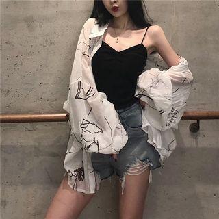 Long-sleeve Printed Light Shirt / Shirred Camisole