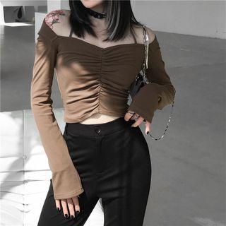 Long-sleeve Halter-neck Ruched Cropped T-shirt