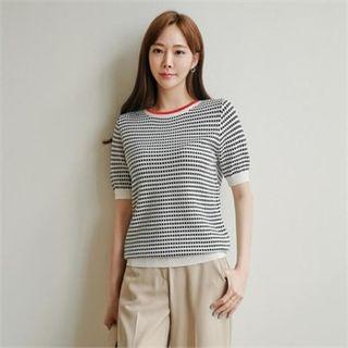 Round-neck Pattern Knit Top Black - One Size