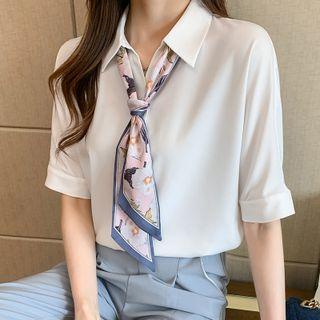 Short-sleeve Floral Print Tie-neck Shirt