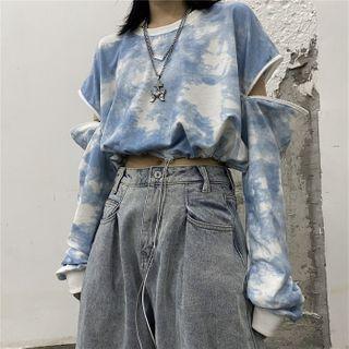 Drawstring-cuff Tie-dyed Cropped Sweatshirt