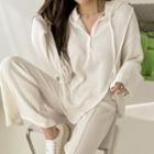Set: Deep-slit Knit Hoodie + Flared Knit Pants
