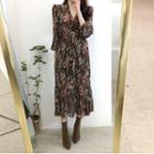 Flower Print 3/4-sleeve Midi A-line Crinkle Dress