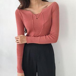 Long Sleeve Lace Up Rip-knit Top