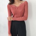 Long Sleeve Lace Up Rip-knit Top