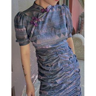 Mandarin Collar Printed Short-sleeve Shirred Sheath Dress