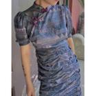 Mandarin Collar Printed Short-sleeve Shirred Sheath Dress