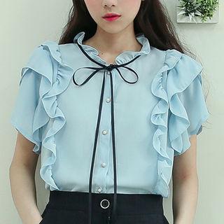Petal-sleeve Beribboned Frilled Crepe Blouse