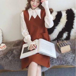 Set: Collared Blouse + Sleeveless A-line Dress