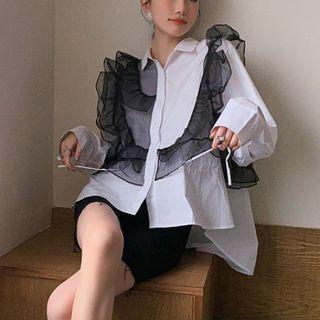 Ruffled Mesh Panel Blouse