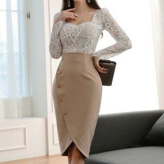 Set: Long-sleeve Square-neck Lace Top + High-waist Asymmetric Plain Pencil Skirt
