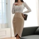 Set: Long-sleeve Square-neck Lace Top + High-waist Asymmetric Plain Pencil Skirt