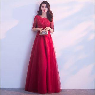 Elbow-sleeve Lace A-line Gown