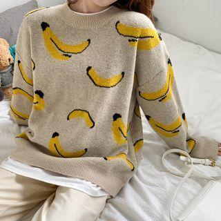 Long-sleeve Plain T-shirt / Wide-leg Pants / Banana Print Sweater / Set