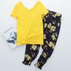 Set: Plain Short Sleeve T-shirt + Floral Print Chiffon Pants