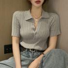 Short-sleeve Ribbed Collared Knit Top