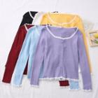 Lace-trim Crew-neck Knit Cardigan In 6 Colors