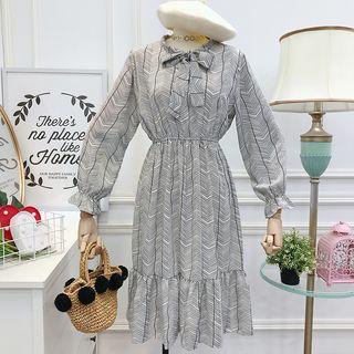 Ribbon-neckline Printed A-line Dress