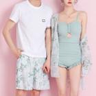 Couple Matching Spaghetti-strap Frill Trim Swimsuit / Floral Cover-up / T-shirt / Shorts / Set