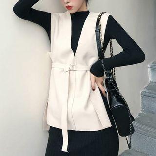 Mock-neck Long-sleeve Knit Top / Tie Waist Knit Vest
