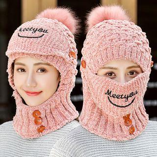 Set: Lettering Bobble Knit Beanie + Face Mask + Scarf