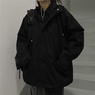 Drawstring Hem Button-up Zip Hooded Jacket