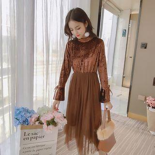 Mock Neck Velvet Panel Long Sleeve Midi Dress
