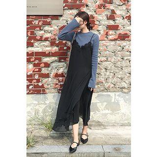 Spaghetti-strap Asymmetric-hem Long Chiffon Dress