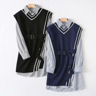 Striped Shirt / Contrast Trim Vest