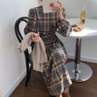 Long-sleeve Plaid Midi A-line Dress Plaid - Blue & Khaki - One Size