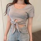Round-neck Cut-out Tie-waist Short-sleeve Cropped Top / V-neck Short-sleeve Lace-up Front Cropped Top