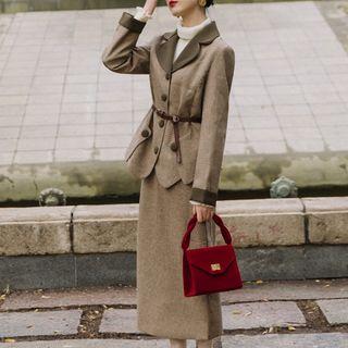 Set: Plaid Blazer + Midi Straight-fit Skirt