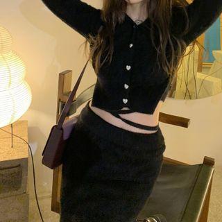 Set: Long-sleeve Cropped Cardigan / Mini Skirt