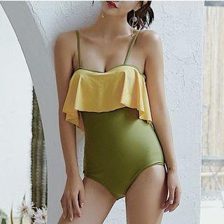 Spaghetti Strap Ruffled Color Block Swimsuit