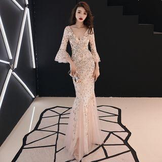 Flare-cuff Floral Sequined Sheath Evening Gown