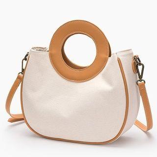 Faux Leather Panel Canvas Crossbody Bag