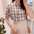 Puff-sleeve Checked Blouse Blue & Check - One Size