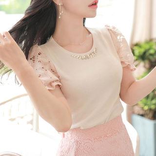 Beaded Lace Puff-sleeve Top