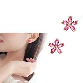 925 Sterling Cz Flower Stud Earring 1 Pair - Bz2029 - Silver Needle - Rose Gold - One Size