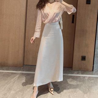 Long-sleeve Dotted Blouse / Maxi A-line Skirt
