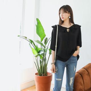 Ruffle-collar Puff-sleeve Chiffon Top