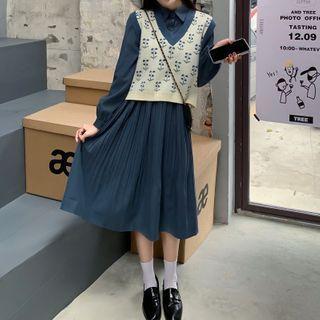 Flower Print Sweater Vest / Long-sleeve Midi Collared Dress
