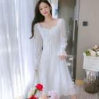 Long-sleeve Drawstring Panel Lace A-line Dress