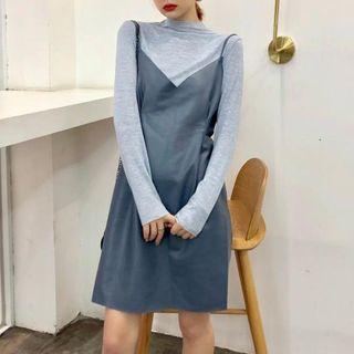 Mock Neck Long-sleeve Top / Faux Leather Strappy A-line Dress