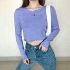 Long-sleeve Round-neck Wood Ear Trim Cropped T-shirt