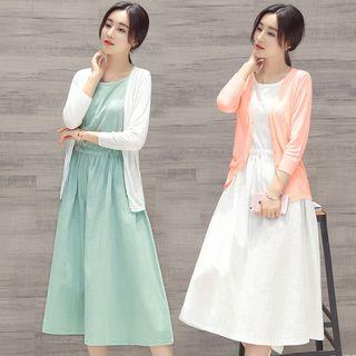 Set : Linen Cotton Plain Dress + Light Jacket