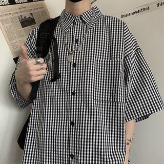 Elbow-sleeve Checker Print Shirt