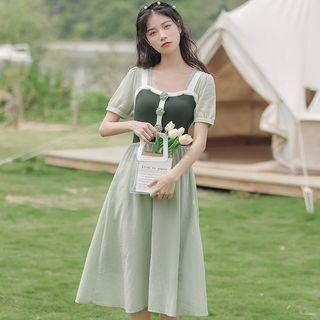 Short-sleeve Flower Midi A-line Dress